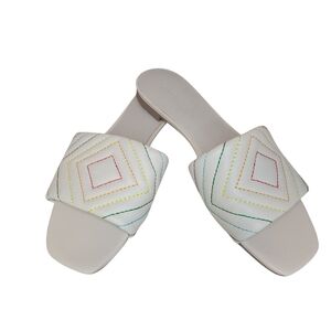 Sanctuary Culture Square Toe Slide Sandals Size 8.5 Cream Leather Rainbow Stitch